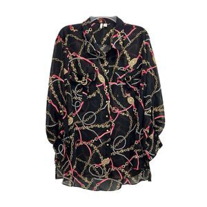 CATO Tunic Women 18/20W Chain Link Print Black Equestrian Roll Tab Sleeves